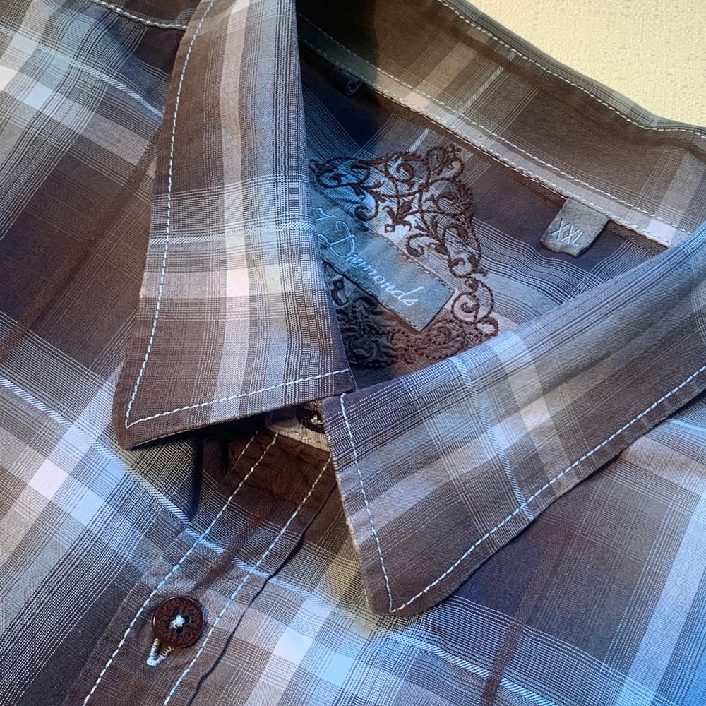 7 DIAMONDS Brown and Blue Western Plaid Long Sleeve Button Shirt XXL.